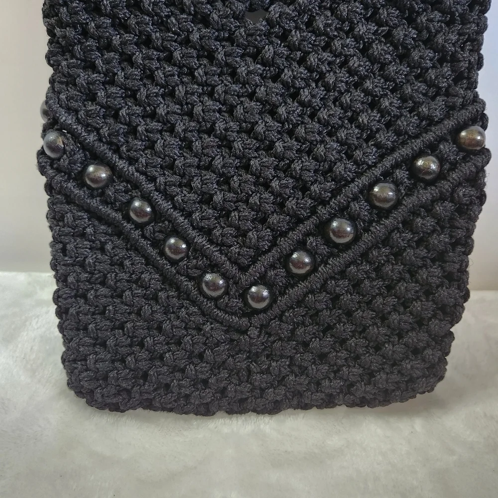 Vintage Hobo Boho Black Beaded Crochet Handbag Shoulder Bag Purse Bag